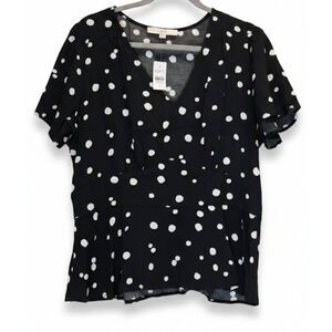 Ann Taylor womens size 12 large blouse black white polka dot top